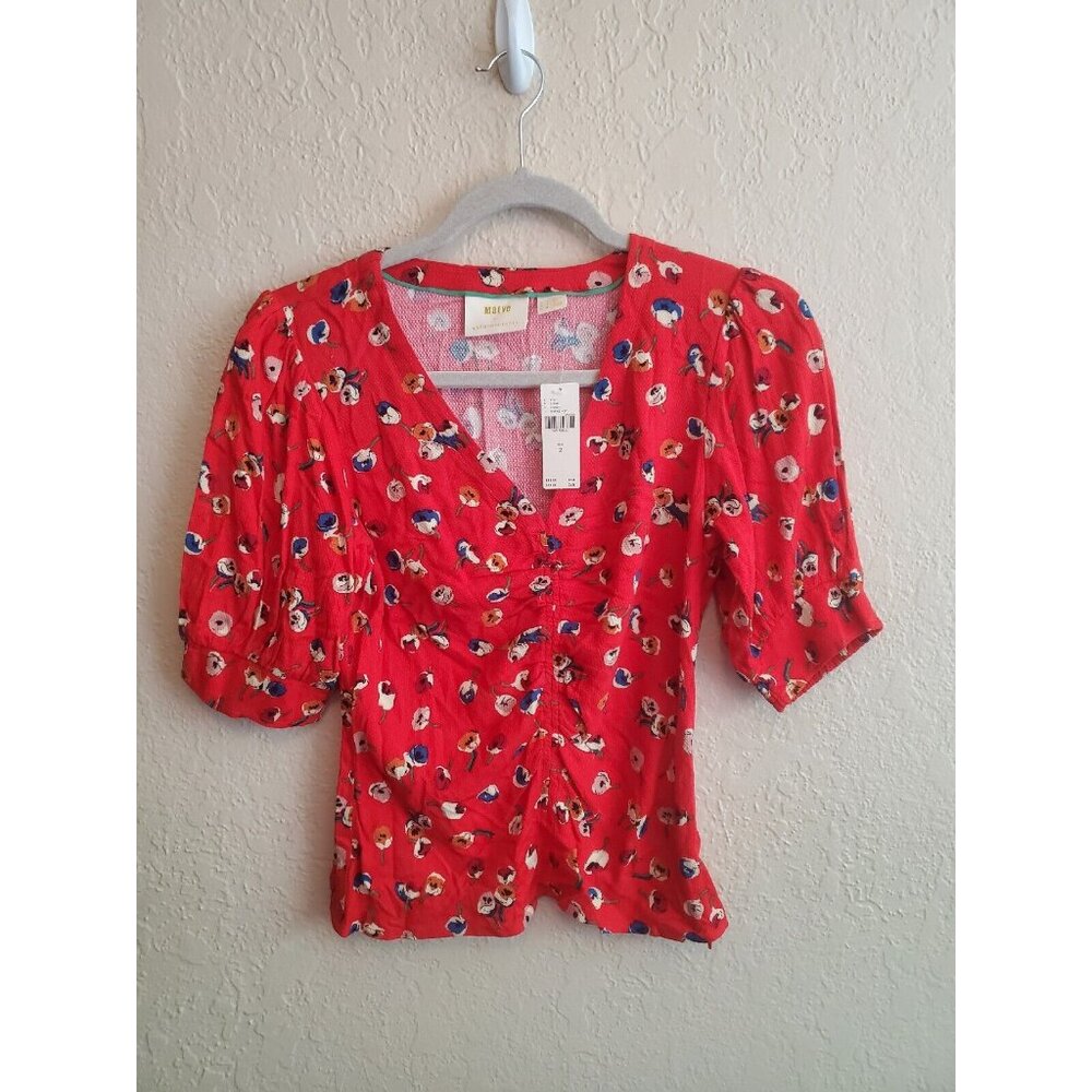 Maeve by Anthropologie Sz 2 Red Ruched Short Sleeve Floral Colorful  Top NWT
